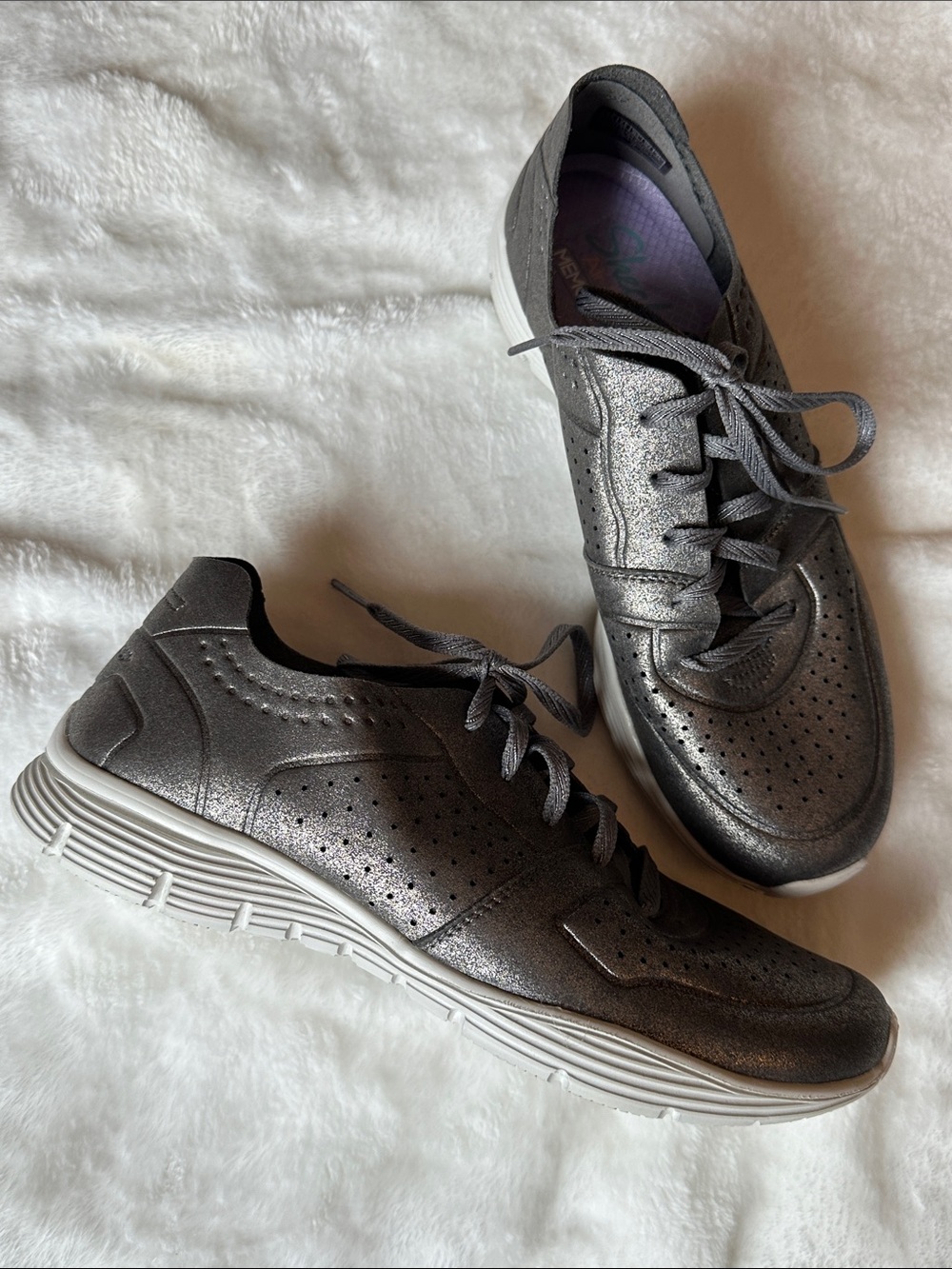 SKECHERS Gunmetal Lace-Up Sneakers Sz 8.5 Fun Summer Sparkly Casual Comfy NWOT